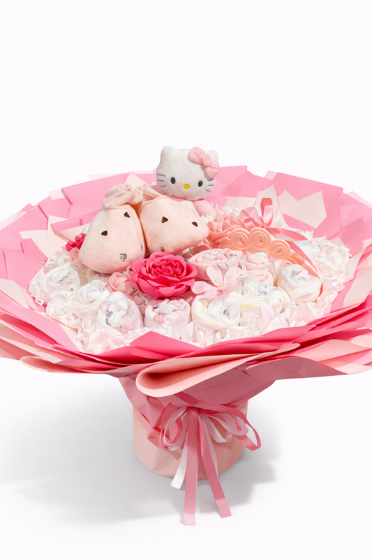 Dovana „Hello Kitty“ rožinė sauskelnių puokštė